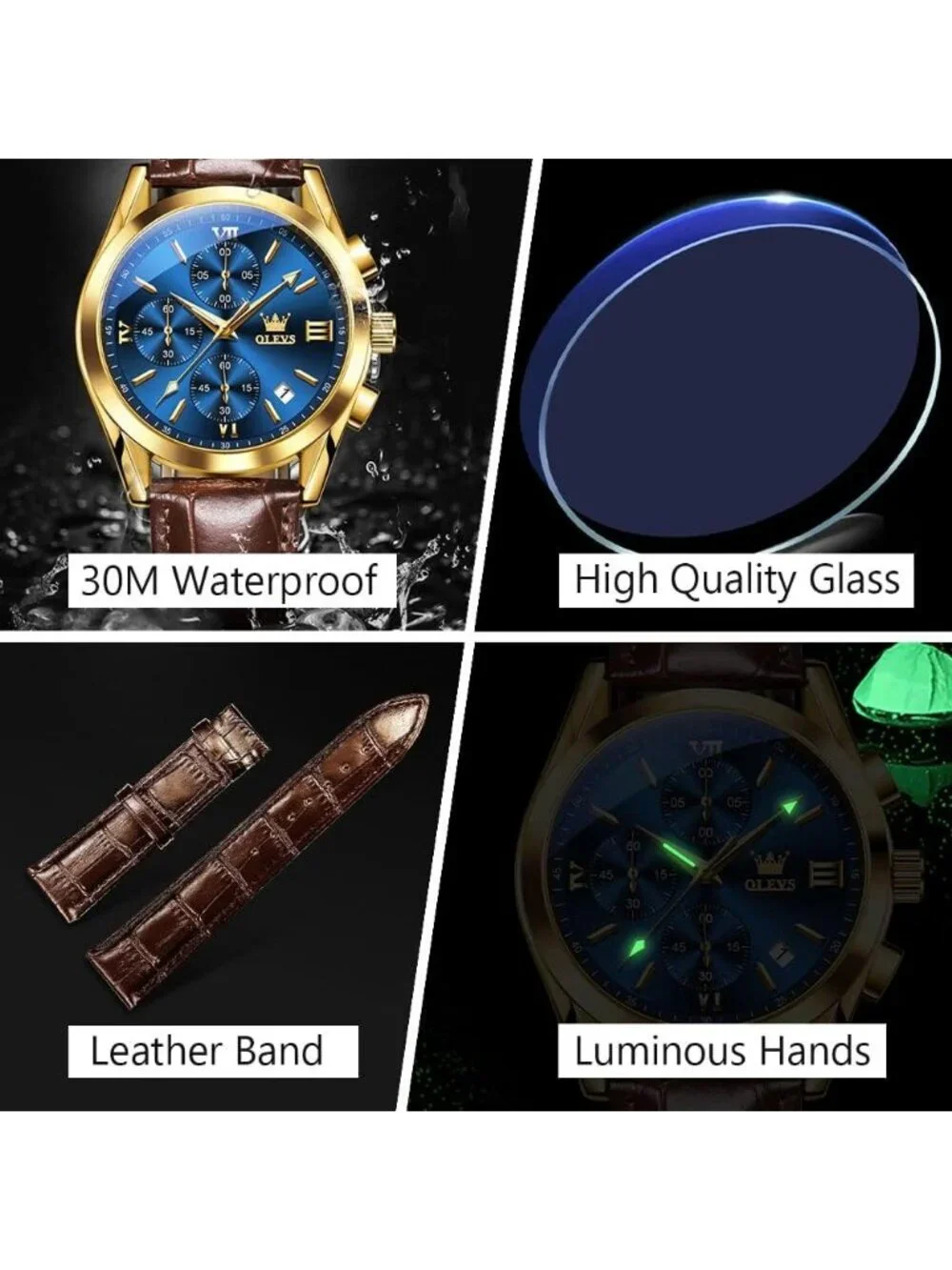 Men's Blue Brown Leather Chronograph Watch Big Face Waterproof Luminous Watch